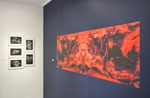 Zdjęcie z ekspozycji wystawy iLand Małgorzaty Mikołajczyk. Dwie ściany. Na jednej 5 małych fotografii przedstawiających abstrakcyjny krajobraz wyspy. Na drugiej ścianie fotografie wielkoformatowa, zajmująca niemal całą powierzchnię